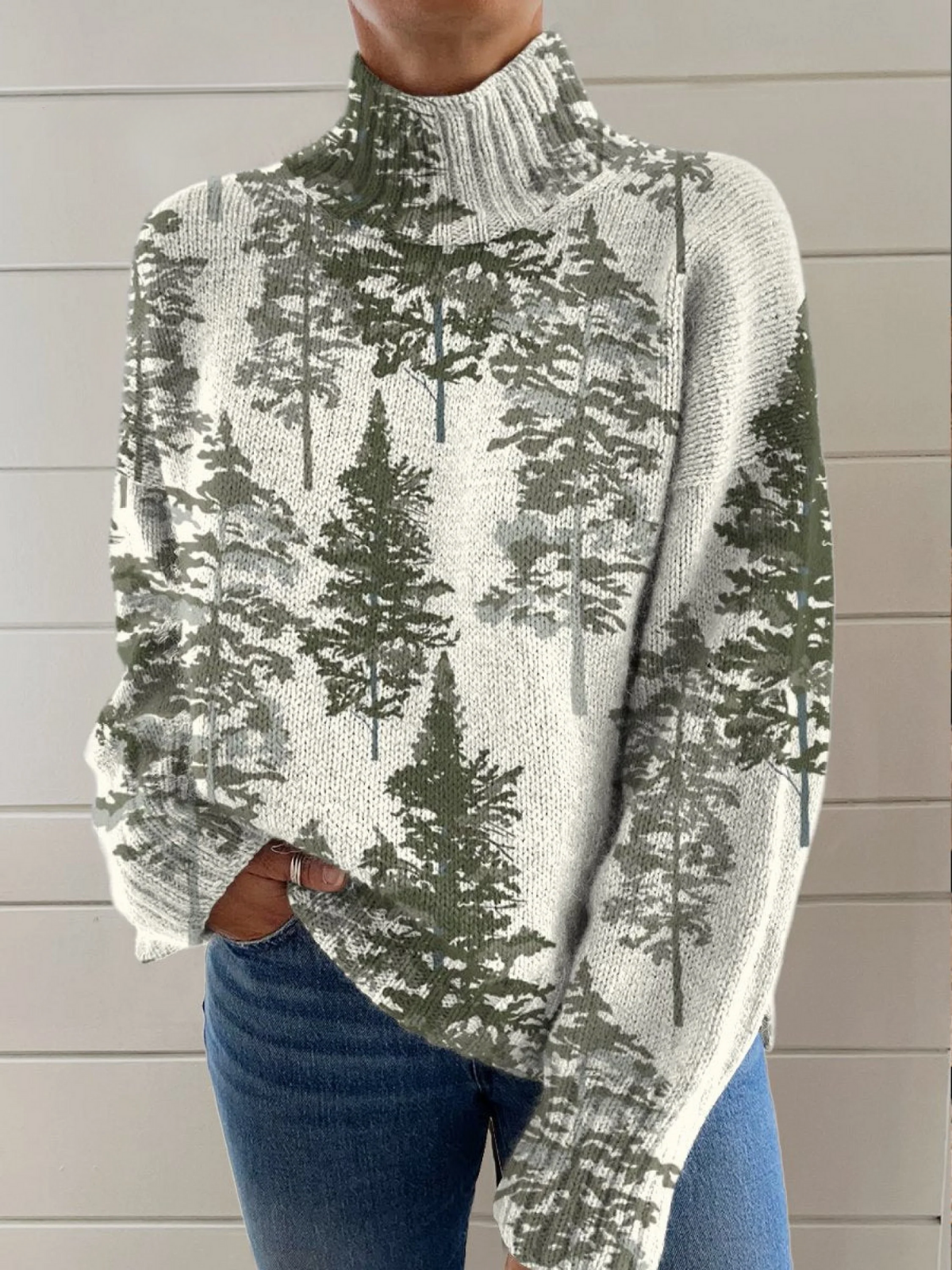 Thalassa - Tree Art Pattern Print Knit Turtleneck Pullover Sweater