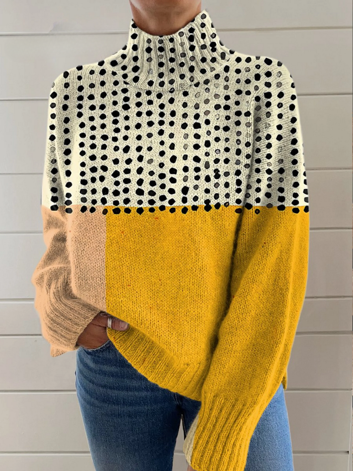 Vivian - Yellow Color-blocked Dots Print Knit Turtleneck Pullover Sweater
