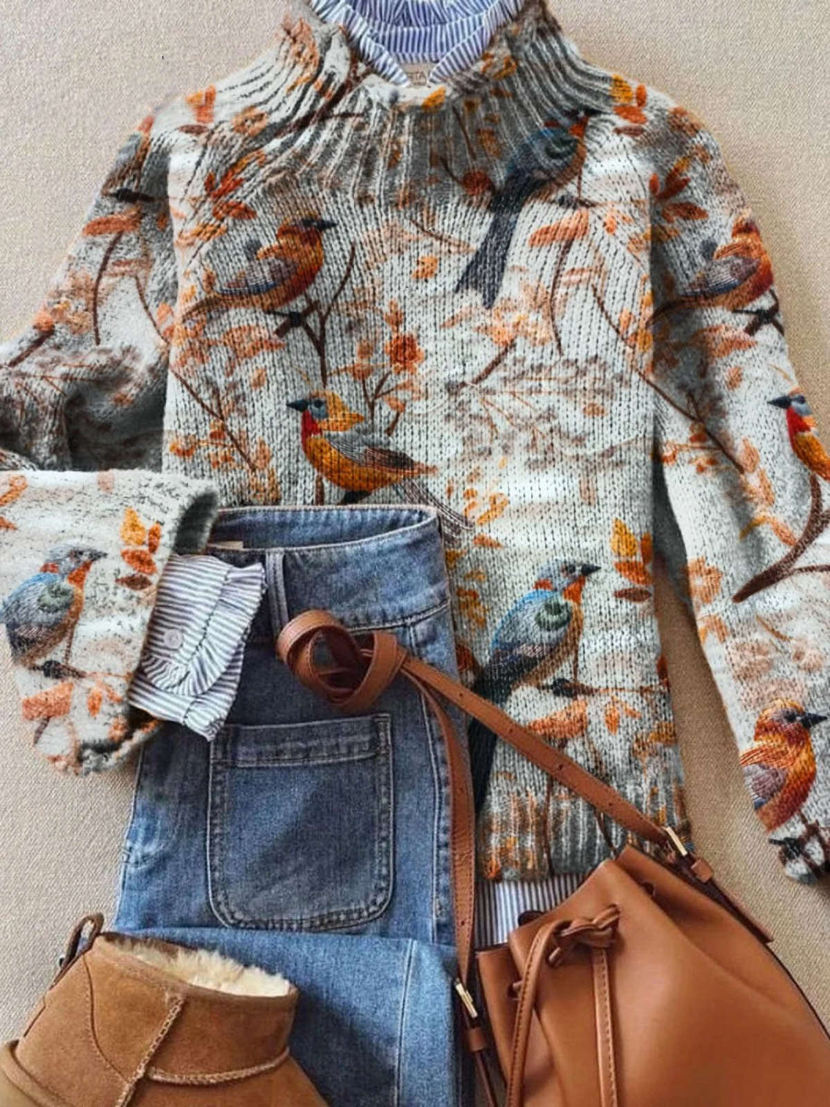 Zephyra - Vintage Lovely Floral Birds Art Print Knit Turtleneck Pullover Sweater